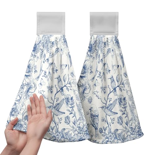 Blue Floral Bird Hanging Kitchen Towels Chinoiserie Vintage Flower Spring Summer Hand Towel with Loop Blue White Kitchen Tie Towels Dish Towel Set of 2 Soft Absorbent Hanging Bath Towel for Bathroom - color: Blue Floral Bird