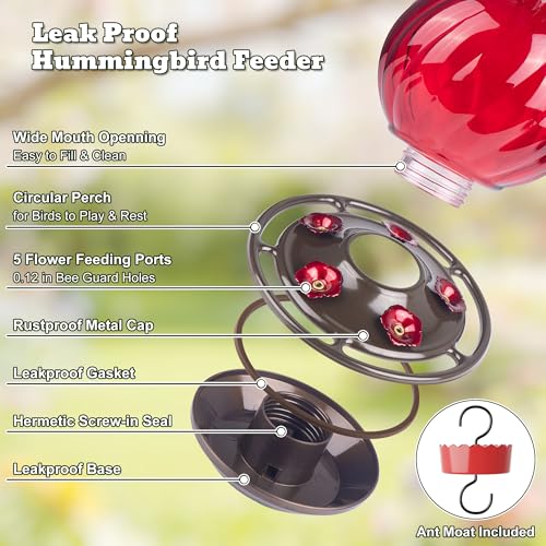 Auslar Glass Hummingbird Feeders for Outdoors Hanging, Red, 26 Oz | Hummingbird Feeder with Ant Proof Moat, 5 Bee Proof Feeding Ports, 360°Perch, Leak-proof, Outside Garden Backyard Decor - color: 1. Red