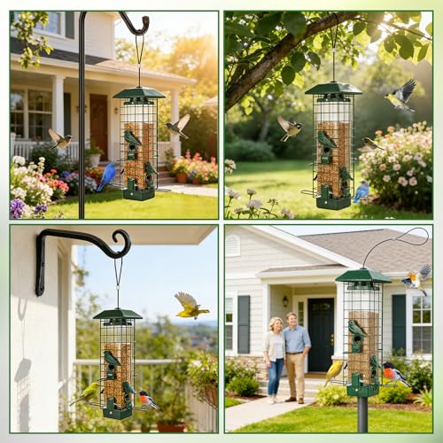 Gbekery Squirrel Proof Bird Feeder, Metal Mesh Feeders for Outdoors Hanging, Gravity Protection Wild Bird Feeders for Finch Chickadee, Weather Resistant, 3LB Large Capacity, Green - color: Green Square
