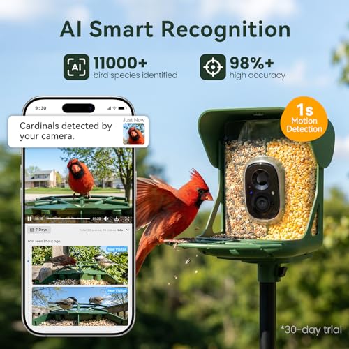 Smart Bird Feeder with Camera, 11000+ AI Bird Recognition, 2K HD Color Night Vision, IP65 Waterproof Solar Powered Bird Feeder with 142° Wide Angle, Motion Detection for Outdoor Garden, Ideal Gift