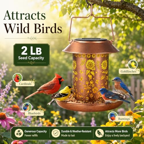 Sunflower Solar Bird Feeder Outdoor Waterproof Hanging Garden Decor | gift for women mom waterproof hanging solar lantern for yard patio christmas birthday daily decor - style: Sunflower + Butterfly