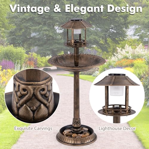 Solar Bird Bath, Pedestal Bird Bath with Bird Feeder, Flower Planter Base, and Solar Powered Lamp, Standing Birdbath for Outdoors, Garden, or Yard, 42 Inch Tall (Bronze) - color: Bronze