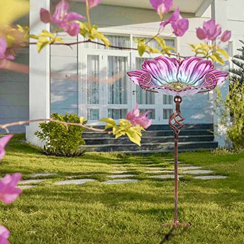 Glass Birdbath Birdfeeder with Metal Stake Garden Yard Outdoor Pink | 31inch height stain glass bird bath for outside,pink flower bird bath bowl,attract wild birds and beautify outdoor gardens - color: Pink+Yellow