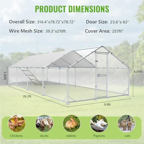 Large Metal Chicken Coop Runs for Yard with Cover, 10x26x6.5 | Perch Bars, Split Doors, Waterproof Covers, Mesh Wire - color: Spire Top, size: 315.0"L x 118.1"W x 78.7"H