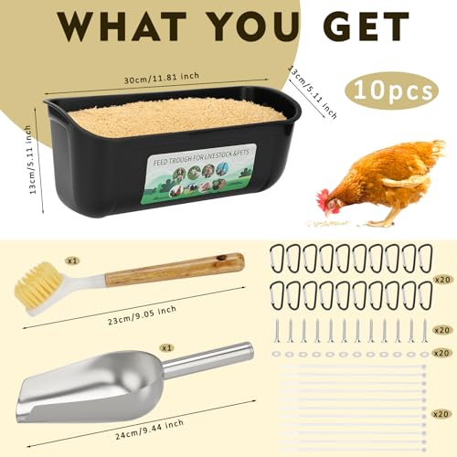 10 Pack Fence Feed Feeder 4.5 Quart Hanging Chicken Feeder Trough with Brush & Scoop Black Goat Hanging Fence Feeders Feeder with Hooks Screws & Zip Tie for Livestock Feeding Container Goats Supplies - color: Black, size: 10 Pack