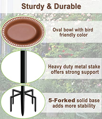 Garbuildman Upgraded 5-Prong Base Bird Bath with Metal Stake, Detachable Decoration Bowl Spa & Freestanding Birdfeeder for Outdoor Garden, Oval Style, Brown - size: 1-¼ gal-Brown