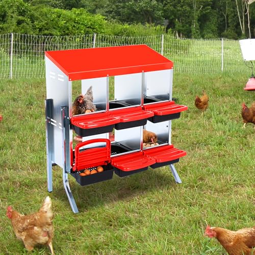 Chicken Nesting Box，Red 6 Hole Chicken Laying Box with Bracket, Tray for Egg Collection, Large Holes for Ventilation, Suitable for Chickens & Ducks - color: Red, size: 6 Holes with legs