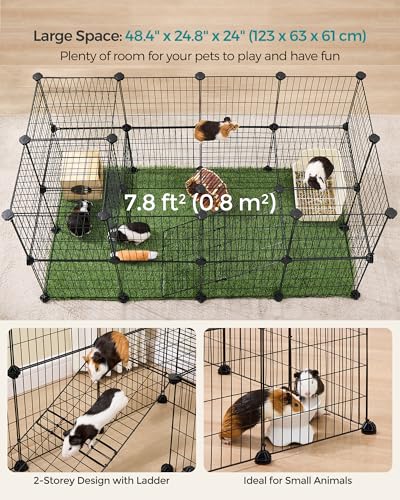 SONGMICS 36 Panels Pet Playpen, Small Animal Playpen, Rabbit Guinea Pig Cage, Zip Ties Included, Metal Wire Apartment-Style Two-Story Pet Premium Villa for Bunnies Puppies,Indoor Use, Black ULPI002B01 - color: Black, size: 48.4"L x 24.8"W x 24"H