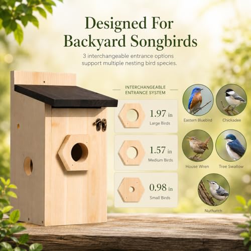 2 Pack Wooden Bird House for Outside Hanging, Birdhouse with 3 Interchangeable Entrance Holes, Predator Guard & Easy Clean Door, Outdoor Nesting Box for Bluebirds, Wrens, Chickadees - style: 2 Pack