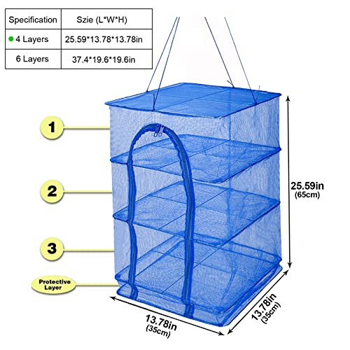 Drying Rack 4 Layers Folding Mesh, Foldable Nylon Netting, Hanging Drying Net, for Shrimp, Fish, Fruit, Vegetables, Herb, with Zipper Opening - Blue (25.59X13.78X13.78 in) - size: 4 Layers