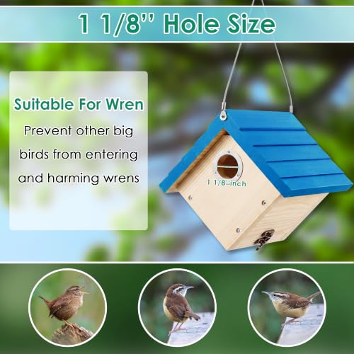 Dreyoo 2 Pack Wren House, 1-1/8'' Entrance Hole Hanging Wooden Wren Bird Houses for Outside with Metal Guard, Air Vents, Pine Wood for Chickadees (Blue,Wood Color) - color: Blue, Wood Color