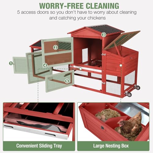 Mobile Chicken Coop with Wheels for 4-6 Chickens, Large Outdoor Hen House with Run, Weatherproof Roof, Sectionable Nesting Box, Pull-Out Tray, 83.3" L x 26" W x 42" H - Red - size: 83.3"L x 26.0"W x 42.0"H