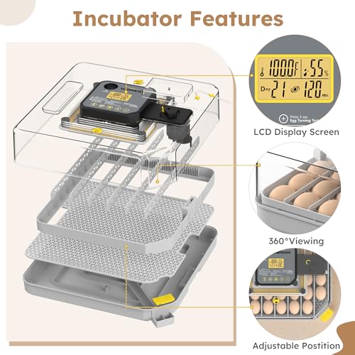 Egg Incubator for Hatching 48 Chicken, Duck, Quail & Goose Eggs – Automatic Egg Turner, Humidity & Temperature Control, Built-in LED Candler, Auto Water Refill, 360° Clear View Digital Poultry Hatcher