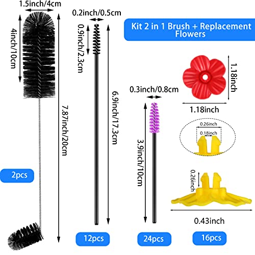 38 Pcs 3 Size Hummingbird Feeder Cleaning Brush Mini Nylon Tube Brush with 16 Flowers Bird Replacement Parts Double Headed Brushes for Bottle Feeding Hole Replacement(Black)