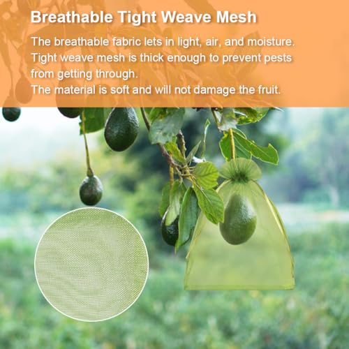 Shintop 100Pcs Fruit Protection Bags, 6x9inch Green Fruit Tree Net Cover | Drawstring Mesh Tomato Bags, Fine Mesh Blocks Bugs, Breathable Sheer Organza, Gentle on Delicate Stems, Fits Apples, Mango - size: 6x9 inch