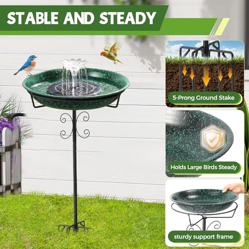 Metal Bird Bath with Solar Fountain for Hummingbirds,Stable Stylish Design with 5-Prong Base Metal Stake Bird Bath for Outside Lawn Patio Yard Garden