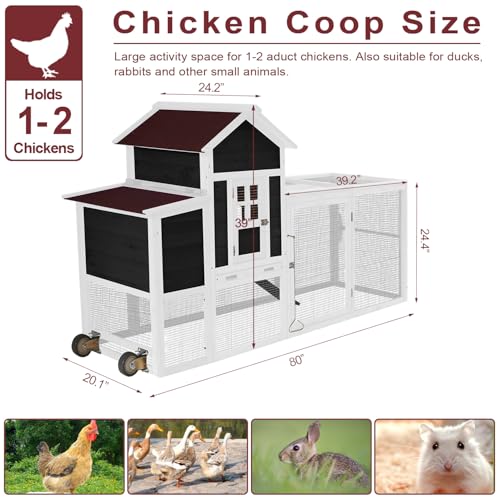 Chicken Coops for 1-2 Chickens with Wheels, Outdoor Wooden Hen House with Nesting Box, Large Rabbit Hutch, Outside Poultry House, Wire Fence Run Cages, Weatherproof for Backyard(Black) - size: 80.0"L x 24.2"W x 39.0"H