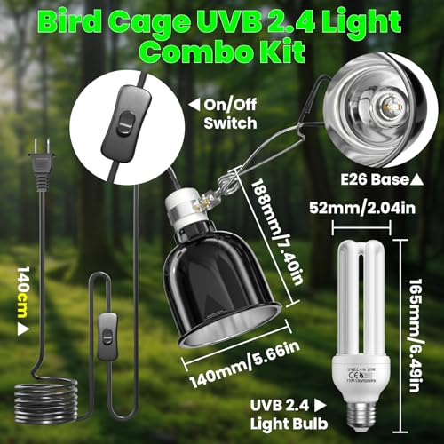 GlowUp Bird Cage Light Fixture Combo Kit, Deep Dome Lampshade with 2.4% UVB Bulb 20W, Bird Light for Captive Birds, Reptiles - size: 20W UVB 2.4 Combo Kit