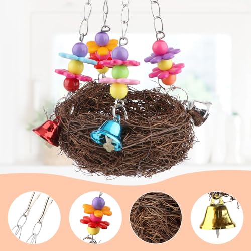 Hypeety Natural Rattan Nest Bird Swing Toy Colorful Flowers Bells for Budgie Parakeet Finch Lovebird Cockatiel (C) - color: C