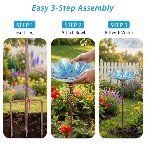 Glass Birdbath Birdfeeder with Metal Stake Garden Yard Outdoor Blue | 31inch height stain glass bird bath for outside,Blue flower bird bath bowl,attract wild birds and beautify outdoor gardens - color: Blue