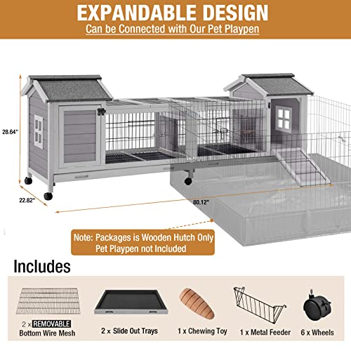 GUTINNEEN Rabbit Hutch Indoor Outdoor Bunny Cage Upgrade Large Space for Rabbit,Guinea Pig,Bunny and Other Small Animals,On Wheels Move Easily. - size: 80.1"L x 22.8"W x 28.6"H