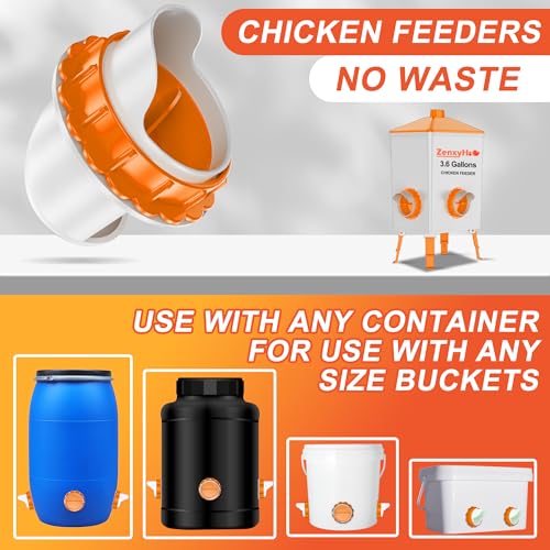 No Waste Chicken Feeders, DIY Automatic Poultry Feeder - 4 Ports Orange | Buckets Barrels Bins Troughs‑mountable Design for common Breeds of Chicken Flock with Hole Saw - size: 4 Ports