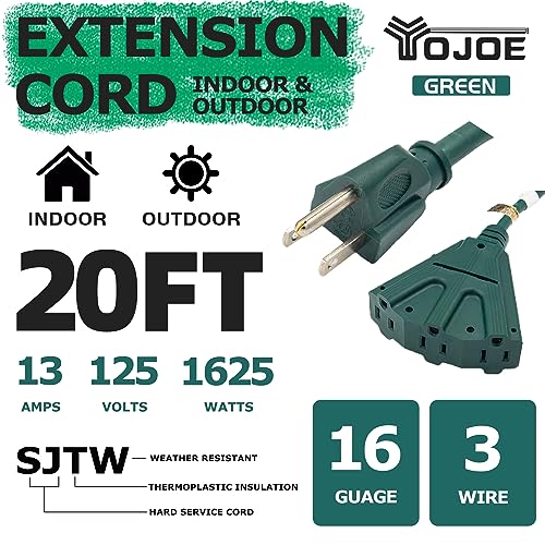 YOJOE 3-Outlets Indoor Outdoor Extension Cord, 3 Prong 13A Weatherproof Power Cord Multiple Outlets, 16 Gauge Heavy Duty 20 ft Green Extension Cord for Garage, Garden, 16/3 SJTW UL Certified - color: Green, size: 20 Foot, style: Standard