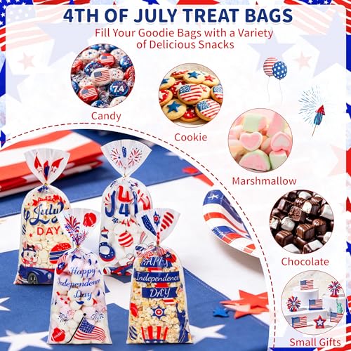 QOIUSO 100 Pcs 4th of July Cellophane Treat Bags - Patriotic Candy Goodie Bags with Gold Twist Ties - Clear Independence Day Party Favor Bags for Cookies, Snacks, Gift Packaging Supplies - color: 4th of July-100pcs