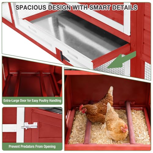 80" Large Chicken Coop on Wheels, with Run, Outdoor Wooden Hen House with Nesting Box, Leakproof Pull-Out Tray & Waterproof Roof, for 4–6 Chickens-Red - color: Red (AIR61-R)