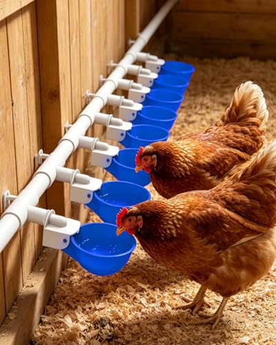 Chicken Waterer Cups (16 Pack) with 3/8" Drill Bit - Blue | Automatic Poultry Drinker Feeder Kit for Chickens, Ducks, Turkeys, Quail, Bunnies | DIY Gravity Fed Bucket Water Dispenser - color: Blue, size: 16 Pack + Drill bit