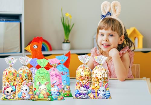 CUUSNNY Easter Candy Bags 100 Pcs with 120 Gold Twist Ties,Plastic Cellophane Treat Bags for Kids Easter Egg Hunt, Party Favors & Gift Packaging,Holiday Goodie Bag Supplies (Colorful Design) - color: 100Pcs Easter Cellophane Bags