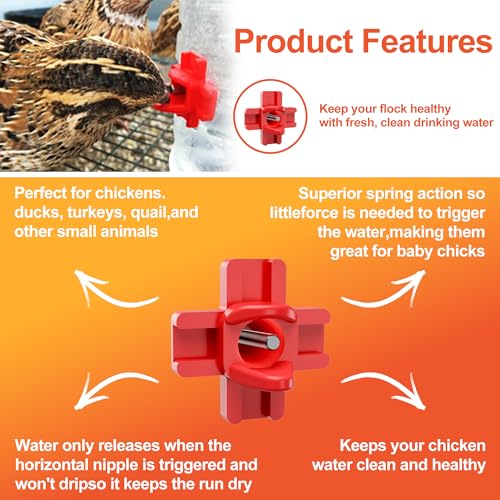Automatic Chicken Waterer Nipples with Drill Bit (10 Pack Red) | Leak-proof Horizontal Poultry Watering System, Side Mount For Chickens - size: 10 Pack