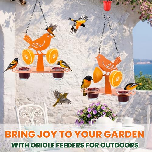 2 Pack Oriole Feeder for Outdoors with Built in Ant Moat, Metal Bird Feeder with 2 Jelly Cup & Orange Holder, Bright Orange Hanging Oriole Feeders for Backyard