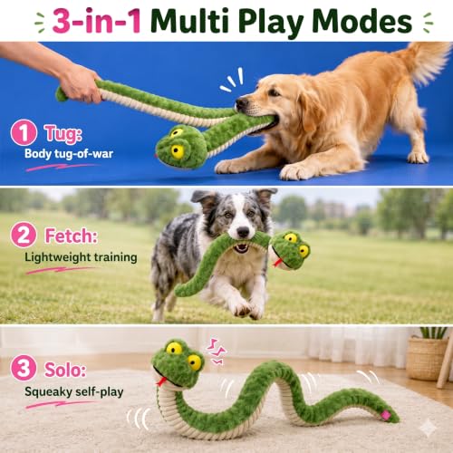 Squeaky Dog Plush Chew Toy, Interactive Tug Squeaky Toy for Chewers, Medium & Large Dogs & Fetch Play, 39.4In Stuffed Silly Snake Toy with Elastic Stretchable Body for Gentle Gum Care & Boredom Relief - color: Green (Silly Snake)