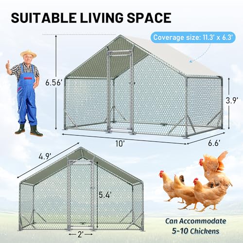 Metal Chicken Coop 10x6.6x6.56ft Walk-in Poultry Cage for 5-10 Chickens Chicken Run Hen Rabbit Duck House with Waterproof Cover for Outdoor Farm Use - size: 79.2"L x 120.0"W x 78.7"H