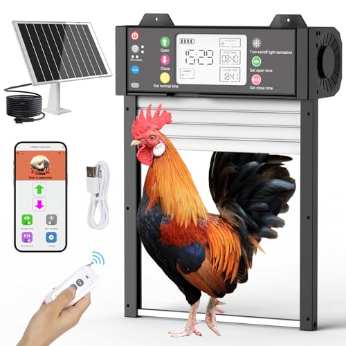 Automatic Chicken Coop Door,Solar Powered WiFi Chicken Door Opener with App | TUYA App Control, Timer and Light Sensor, Door Status Detection, Anti-Pinch Protection, LCD Display, 5 Modes for Coops