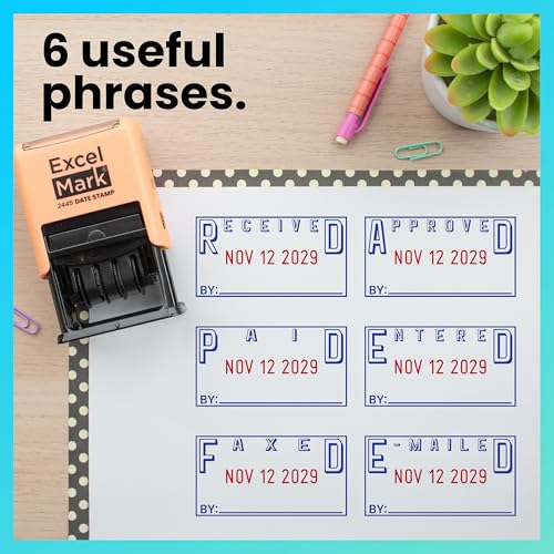 ExcelMark 2445 Date Stamp with Text - Blue and Red Ink (Peach Mount, Approved) - color: Peach Mount, size: Approved