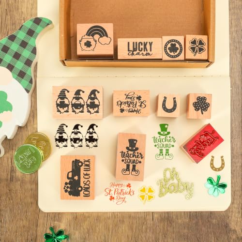 JarThenaAMCS 11 Pcs St. Patrick's Day Wooden Rubber Stamps Lucky Clover Shamrock Gnome Mixed DIY Craft Stamps for Irish Party Decor Scrapbooking Cards Making - style: St. Patrick's Day
