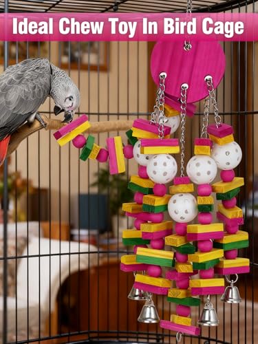 Large Bird Parrot Toys for Cockatoos African Grey Macaws Amazon Parrots | MEWTOGO, Brightly Colored, Appealing to Birds, Natural Wood, Bird Gifts, Peach Style - color: Hot pink
