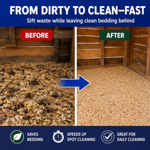 Chicken Poop Scooper with 74" Adjustable Handle – Heavy Duty Metal Chicken Coop Cleaner, 10.2" Wide Sifting Scoop with Built-in Rake & Hook for Sand, Pine Shavings & Manure