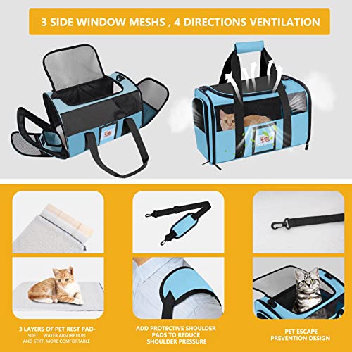 17" Soft Cat Carrier with Shoulder Strap for Travel-Blue | TSA compliant fits under seat, soft-sided lightweight, breathable, top/side entry with zippers,collapsible food bowl - color: Blue