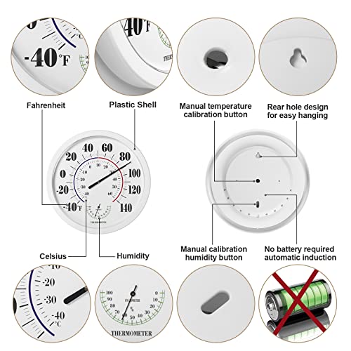 Indoor Outdoor Thermometer Wall Large Numbers Thermometer No Battery 10" Hanging Digital Weather Hygrometers for Home Garden Outside Patio Decor (White) - color: White, size: 10"
