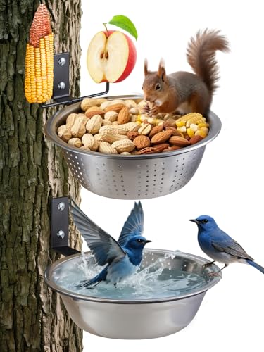 2 Pack 8.5"/1.4L Squirrel & Bird Feeder Combo - 1 Metal Food Bowl with Colander System + 1 Water/Bath/Swim Tray | Tree/Fence Mounted Perfect for Outside | Removable Easy Clean Wildlife Delight - size: 1 Food Stand 1 Water Stand