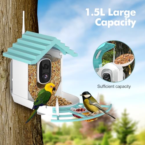 Smart Bird Feeder with Camera, Feeder with Wireless Camera | Ideal Gift for Bird Lover, Solar Powered, AI Recognition, Instant Notifications - color: Blue