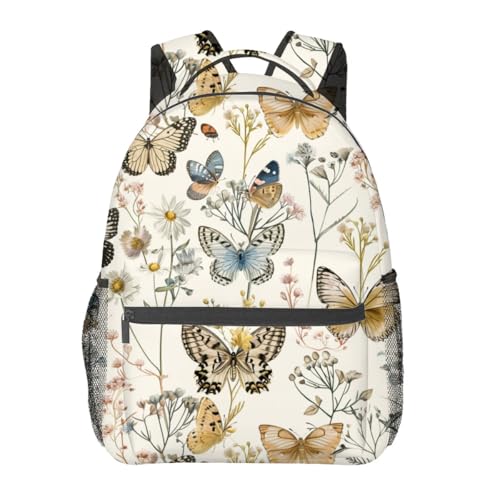 Vintage Butterfly Backpack,Wildflower Retro Polyester Backpacks,Lightweight Double Shoulder Back Pack for Girls Women,Floral Cream Bookbag,School Bag Gifts,Casual Travel Daypack Book Packs - color: Butterfly 02