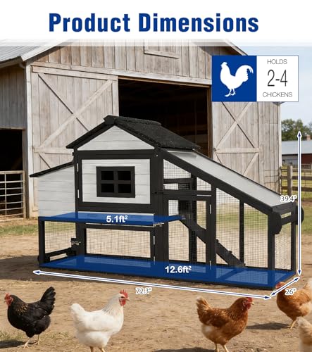 Chicken Coop with Run and Wheels Outdoor Poultry Hen House with Slide-Out Tray Chicken Cage Weatherproof Roof Predator-Proof for Backyard Black and White - color: 72.3"L Black & White
