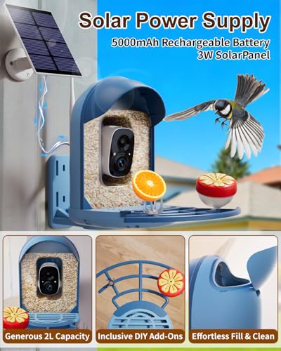 Smart Bird Feeder with Camera, AI Recognition, Solar Powered, 2K HD | Identify birds with AI, record sharp 2K videos, enjoy solar charging, night vision, smart alerts and IP66 outdoor durability. - color: Blue, size: With Stand