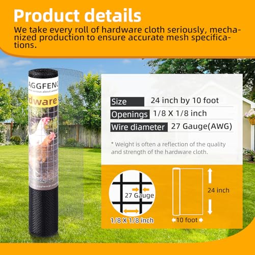 24in x 10ft Black Hardware Cloth 1/8 inch 27Ga PVC Coated Wire | Welded Metal Chicken Wire Fencing, Vinyl Coated Galvanized Wire Mesh Screen Roll, for Garden Plant Fencing Bee Screen - color: Black, size: 24in x 10ft