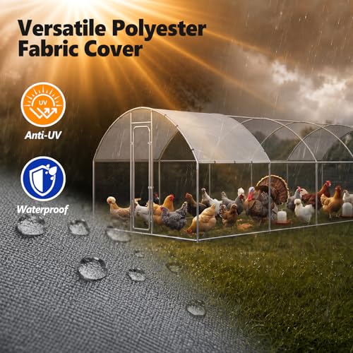 Metal Chicken Coop with Waterproof Curved Roof, 32.8×9.8×6.4ft | Thickened Steel Frame, Predator-Proof Wire, Weatherproof & UV Resistant Cover, Detailed Assembly Guide & Tool Kit - size: 393.6"L x 118.1"W x 76.8"H