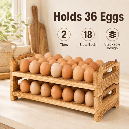 Wooden Egg Holder Countertop, Holds 36 Eggs, 2-Tier Stackable Fresh Egg Rack for Kitchen Counter – Pine Wood Farmhouse Egg Basket for Backyard Chicken Eggs, Detachable Organizer for Gathering Storage - color: 3 Eggs - 2 Tier Square